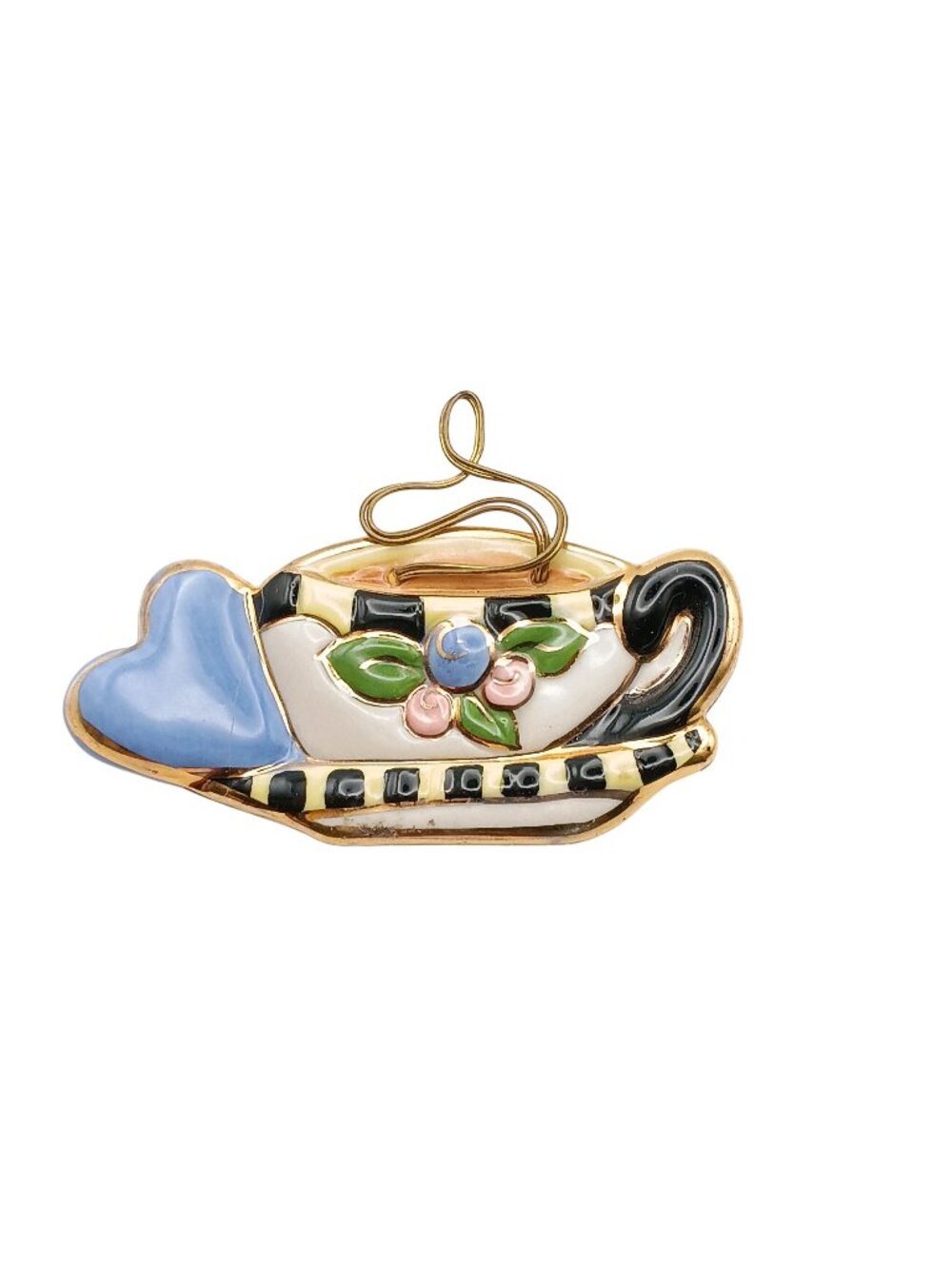 Hand-Painted Ceramic Teacup Brooch With Gold Accents & Floral Design Vintage